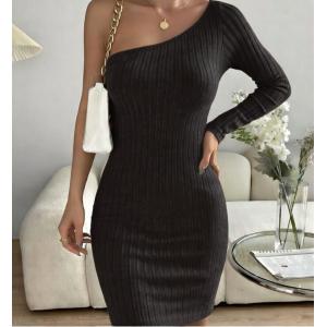 Black Off Shoulder Rib Knit Bodycon Dress